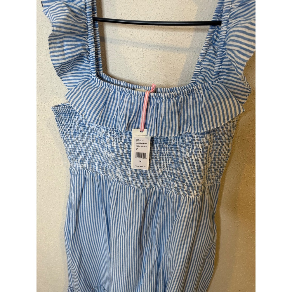 Vineyard Vines Striped Smocked Midi Dress Hull Blue Ruffle Tiered Cotton NWT M - Picture 2 of 4